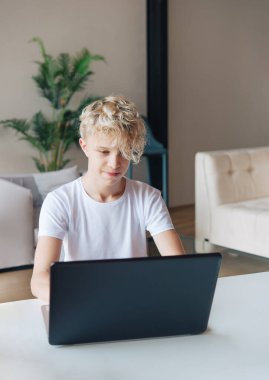 Genç kız dizüstü bilgisayarda çalışıyor. Ev ödevi. Uzak okul.