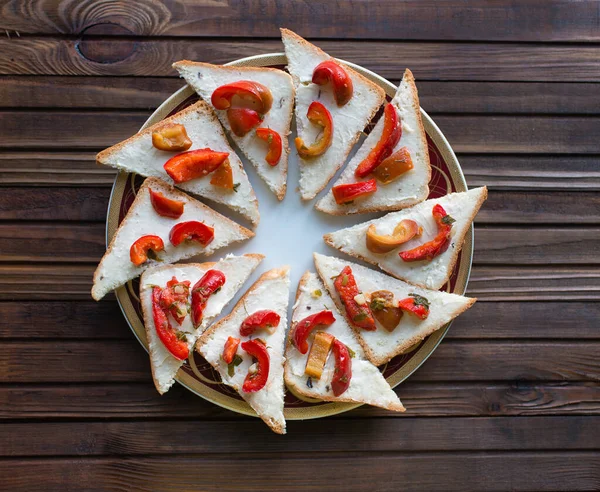 Canapes Cream Cheese Pickled Red Bell Pepper White Toast Plate — Stock Photo, Image