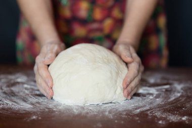 Kadın eli para kazanıyor. Hamur yoğurma işlemi. Hamur, doğal ekşi hamura dayanır. Buğday hamuru. Fermantasyon.