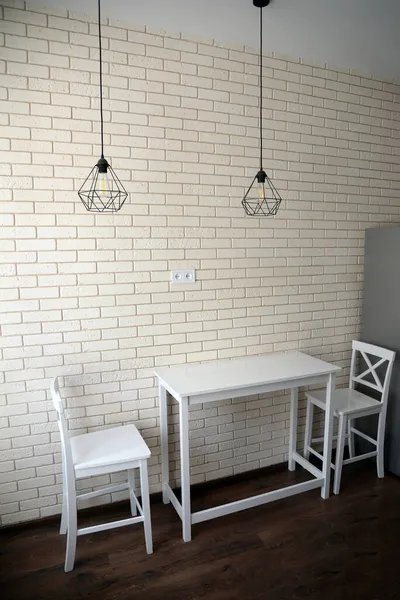 Modern Kitchen Minimalism Wooden White Table Chairs Loft — Stock Photo, Image