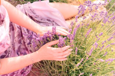 Lavanta tarlasında bir kadın. Doğada rahatlama ve aromaterapi.