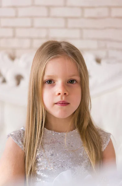 Portrait Cute Little Girl Big Brown Eyes Bright Room — Stock Fotó