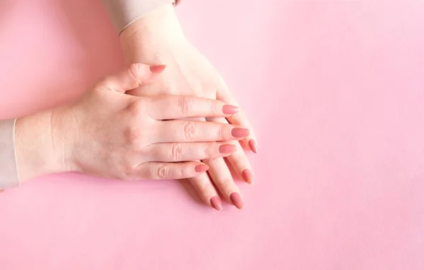 Female Hands Pink Background Beautiful Well Groomed Hands Classic Manicure — Stock Photo, Image