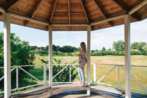 Een Vrouw Loopt Het Park Zomer Landschap — Stockfoto