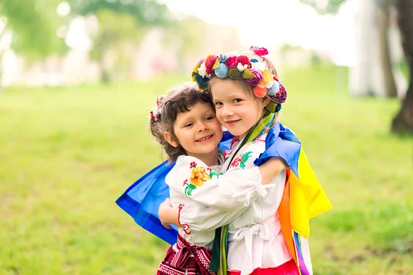 民族ウクライナの服の2人の小さな女の子 刺繍シャツ ウクライナの旗を保持します ウクライナへの栄光 — ストック写真