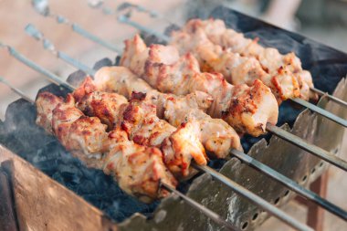 Izgarada bir sürü lezzetli Shashlyk ızgarası var..