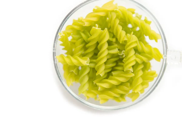 Gros Plan Fusille Rotini Dans Bol Verre Blanc Pâtes Colorées — Photo