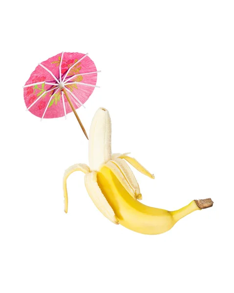 Tropical Beach Concept Banana Sun Umbrella Creative Minimal Summer Idea — стоковое фото