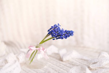 Narin pastel arka planda küçük mor çiçekli üç dal.