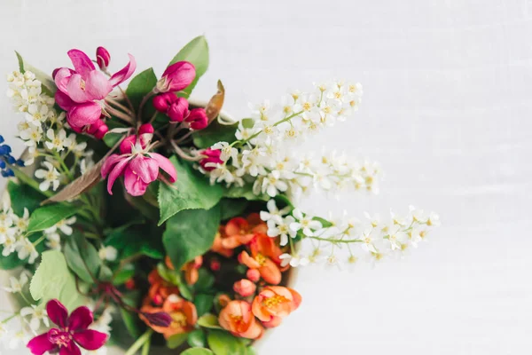 Spring Blooming Delicate Flowers Vase Table White Tablecloth Pastel Bouquet — Photo