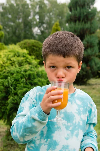 Barn Som Dricker Apelsinjuice Parken — Stockfoto