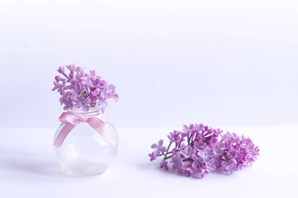 Beautiful Flower Arrangement Lilac Flowers Free Space Text Light Pastel — Stock Photo, Image