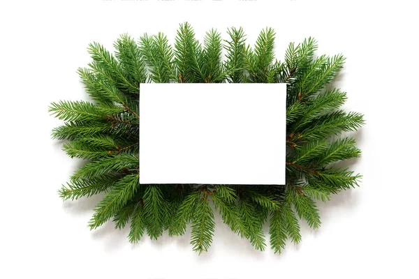 Sfondo Natale Rami Abete Verde Sfondo Bianco Isolato Cornice Vista — Foto Stock