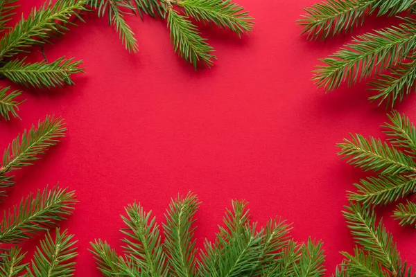 緑のモミの枝 フレーム トップビューからのクリスマスの赤い背景 — ストック写真