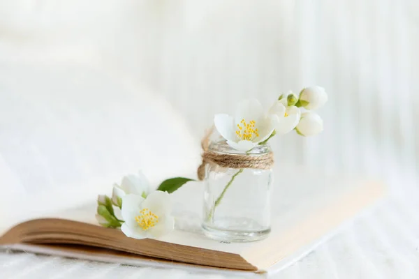 Gros Plan Bouquet Fleurs Blanches Dans Vase Verre Flou Sur — Photo