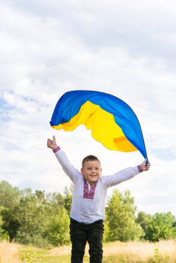 Ukrayna 'nın geleneksel ulusal kıyafetleri içinde neşeli bir çocuğun portresi - yeşil arka planda vyshyvanka. Sokakta. Ukrayna bayrağı.