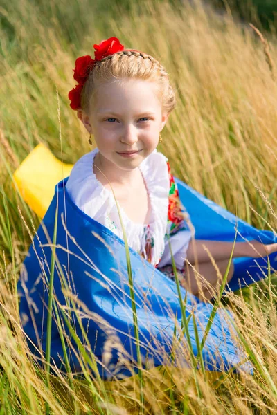 Little Girl National Ukrainian Clothes Vyshyvanka Ukraine Field Hands Flag — Stock Fotó