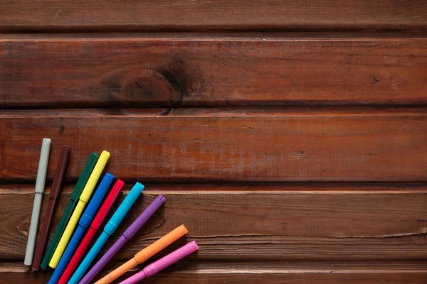 School Stationery Markers Other Supplies Brown Wooden Background Back School — Stock Photo, Image