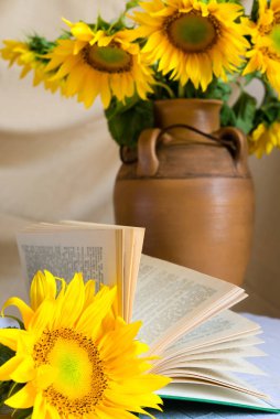 Eski bir çömlek içinde bir buket ayçiçeği. Ön planda açık bir kitap ve bir çiçek var..