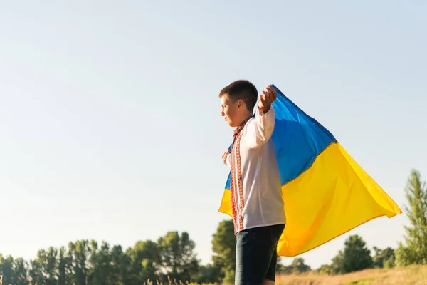 Ukrayna 'nın geleneksel ulusal kıyafetleri içinde bir gencin portresi - yeşil arka planda vyshyvanka. Ukrayna, doğadaki çocuk