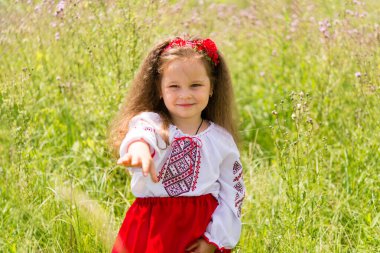 little girl in national Ukrainian clothes - vyshyvanka. Ukraine, child in nature