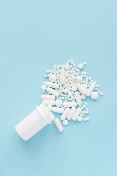 Pills Bottle Blue Background Medical Pharmacy Healthcare Concept Copy Space — 스톡 사진