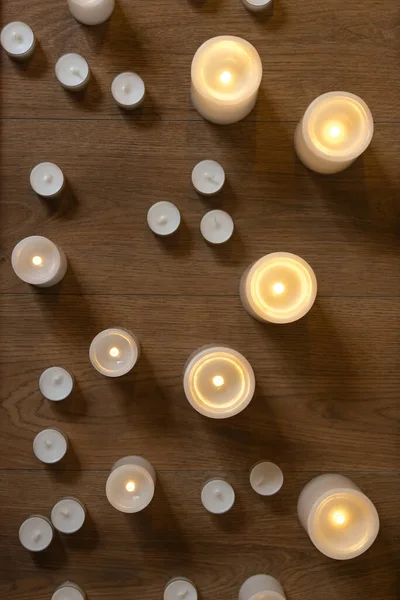 Burning Candles Wooden Table Selective Focus — Stock Photo, Image