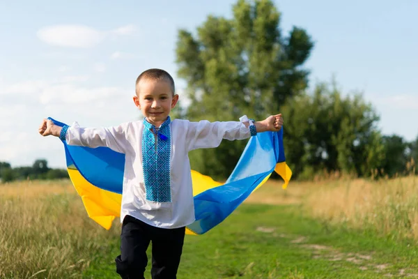 Portrait of a joyful boy in Ukrainian traditional national clothes - vyshyvanka. Ukraine, child in nature