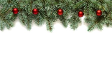 Köknar dalları, koniler ve oyuncak toplarıyla Noel süslemesi, izole edilmiş.