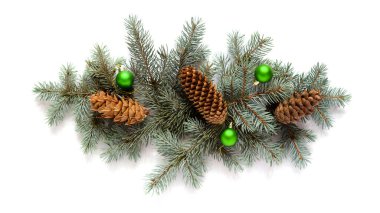 Köknar dalları, koniler ve oyuncak toplarıyla Noel süslemesi, izole edilmiş.