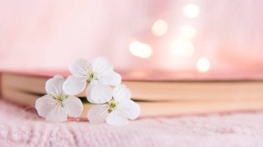  book with white small flowers on a pink background