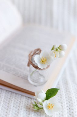 Beyaz örülmüş arka planda açık bir kitaptaki bulanık cam vazoda bir buket beyaz çiçeğin yakın çekimi. Yavaş yaşam konsepti.