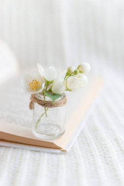 Beyaz örülmüş arka planda açık bir kitaptaki bulanık cam vazoda bir buket beyaz çiçeğin yakın çekimi. Yavaş yaşam konsepti.