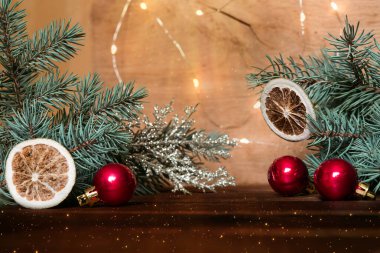new year background, christmas decoration on wooden background