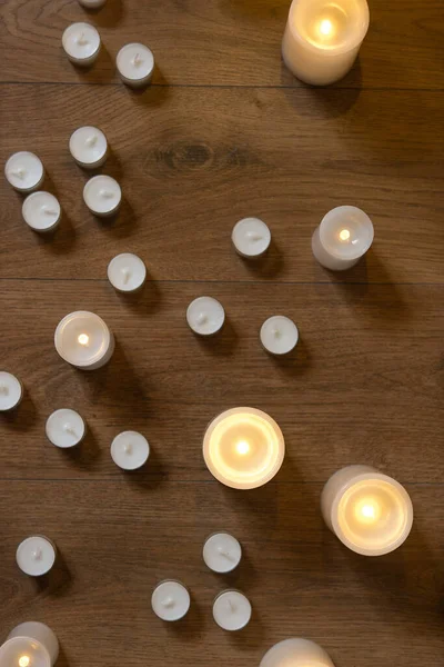 Burning Candles Wooden Table Selective Focus — 스톡 사진