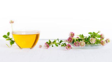 Hafif pastel arka planda bitki çayı. Boşluğu kopyala