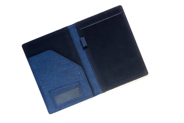 白の背景に分離された青レザー折財布ウォレット — ストック写真