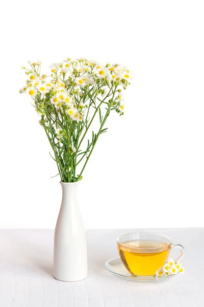 Xícara Chá Ervas Com Flores Camomila — Fotografia de Stock