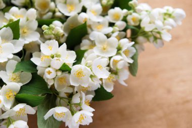Güzel çiçek aranjmanı. Yasemin çiçekleri, açık renkli arka planda metin için boş alan. Düğün, doğum günü. Sevgililer Günü, Anneler Günü. Üst görünüm, alanı kopyala