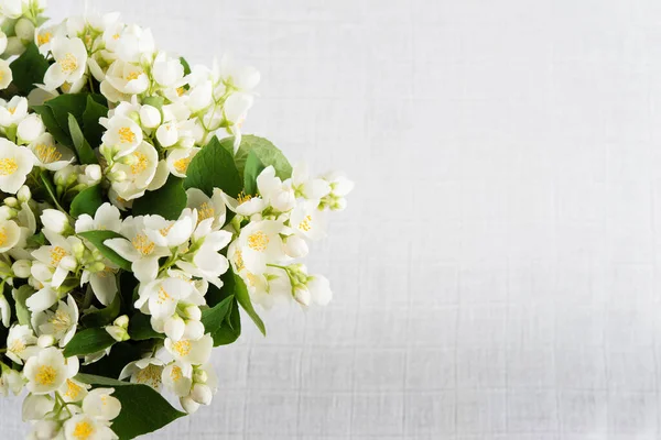 Prachtig Bloemstuk Jasmijnbloemen Vrije Ruimte Voor Tekst Een Lichte Pastelachtergrond — Stockfoto