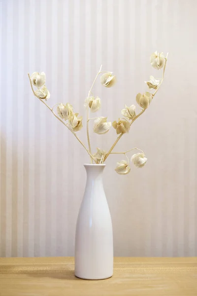 Vase Flowers Wooden Table Light Background Interior Detail Minimalism — Fotografia de Stock