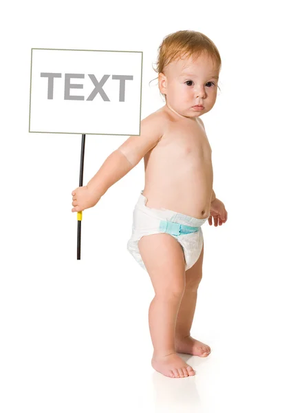 Criança com um texto de sinal — Fotografia de Stock