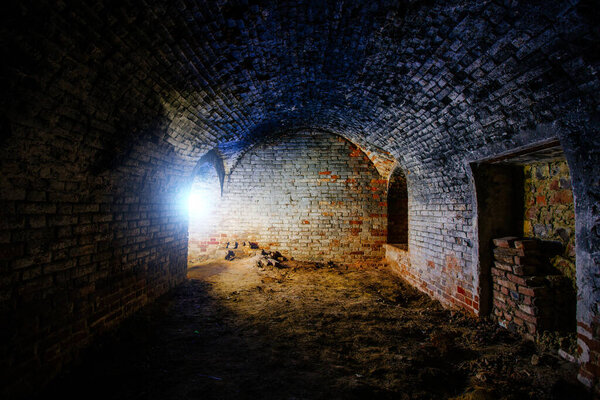 Abandoned empty old dark underground vaulted cellar.