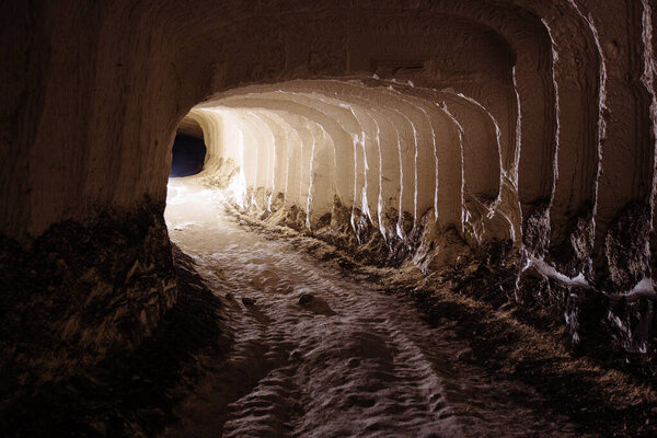 Chalky mine tunnel with traces of drilling machine, Belgorod, Russia.