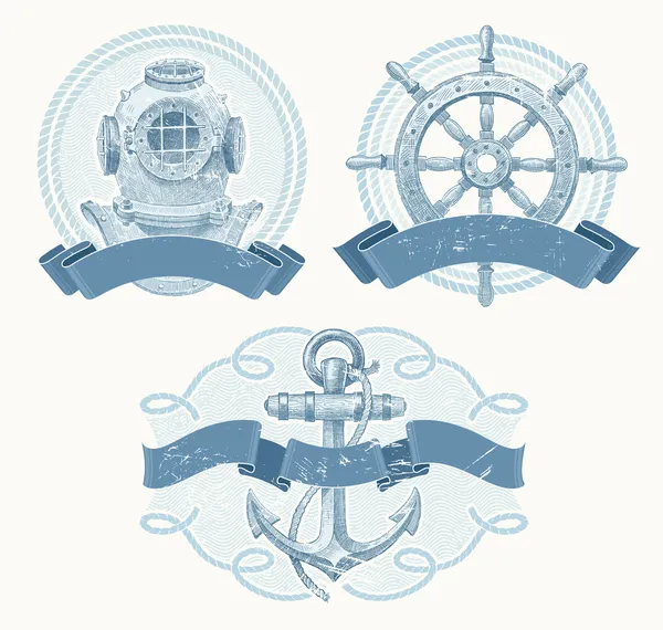 Emblemas vectoriales náuticos con elementos dibujados a mano — Vector de stock