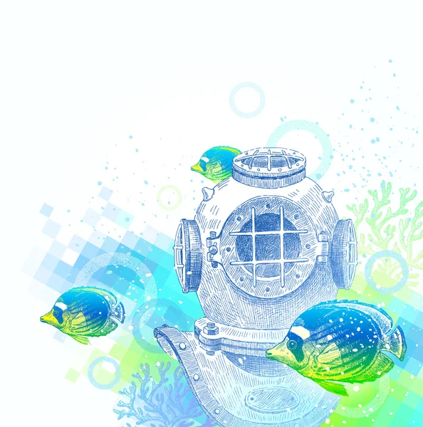 手描きビンテージ潜水ヘルメットや熱帯魚 — ストックベクタ