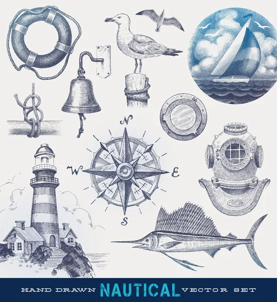 Nautical hand drawn set — Stock Vector