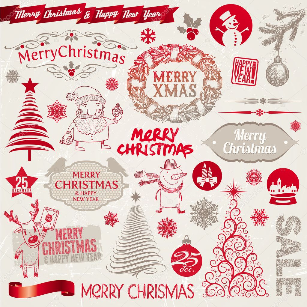 Vector set of Christmas signs, emblems and doodles