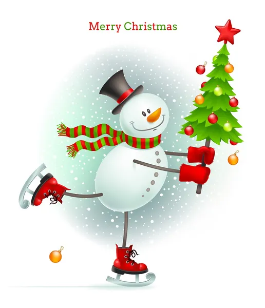 Boneco de neve sorridente com patinação na árvore de Natal no gelo —  Vetores de Stock