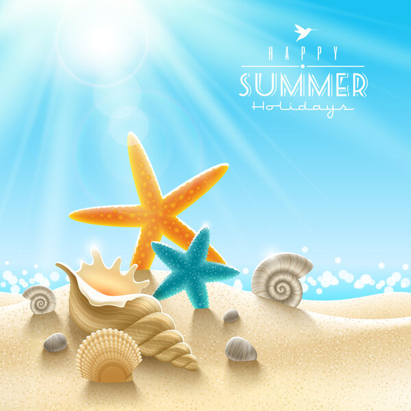 Summer holidays illustration - sea inhabitants on a beach sand against a sunny seascape